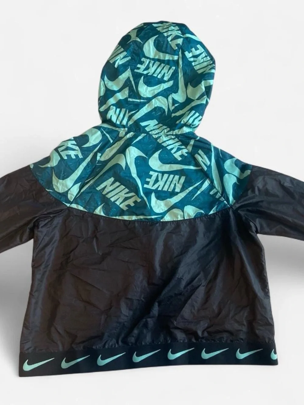 Nike Kids Windbreaker Jacket Youth XL – Black + Teal Mint Logo Print Hooded